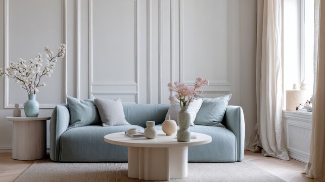 pastel neoclassic scandi living room full view, chunky sofa in dusty blue, panel wall, round table, airy linen curtains, pastel ceramic decor