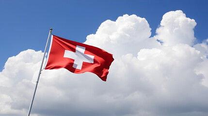 flag of Switzerland fluttering in the blue sky with cumulus clouds