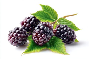 Fresh Blackberries with Green Leaves Isolated on White Background