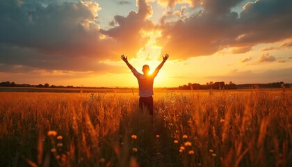 Man stands in wheat field with raised hands at sunset. Person in white shirt faces back to camera, sunshine. Hands up in prayer praise. Peaceful scene in countryside at dusk. Serene landscape at