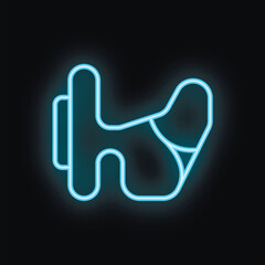 Fototapeta premium Blue neon icon of an airplane seat with the backrest reclined, glowing on a dark background