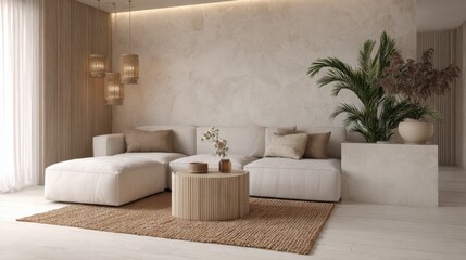 scandi boho living room, microcement peninsula divider, soft beige modular sofa, jute rug, textured wall, diffused lighting