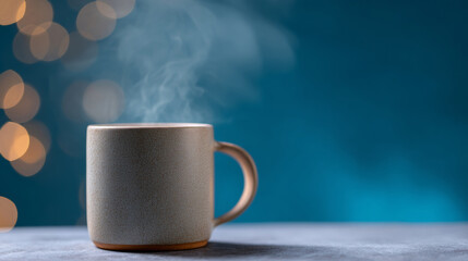 Steaming ceramic coffee mug on table with blurred warm bokeh lights and blue background in cozy setting