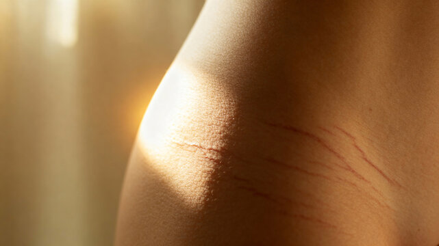 Close-up of body showcasing skin with stretch marks in a positive and natural light setting