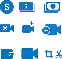 Finance and Media Vector Icons Set - Money, Video, and Editing Tools
