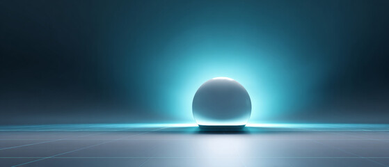Glowing sphere on futuristic grid surface with blue light and dark background creating abstract sci-fi atmosphere