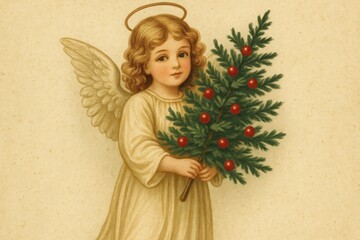 Obraz premium Vintage angel holding Christmas tree.