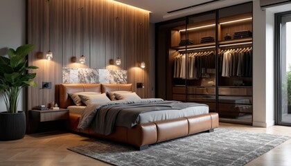 Modern bedroom interior featuring leather bed. Closet with clothes in walk-in wardrobe. Elegant lighting, minimalist design. Plant near nightstand. Muted color palette. Warm, inviting atmosphere in