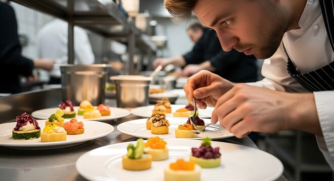 A focused chef meticulously garnishes small, colorful appetizers on white plates in a busy professional kitchen, highlighting culinary artistry and fine dining preparation - Powered by Adobe