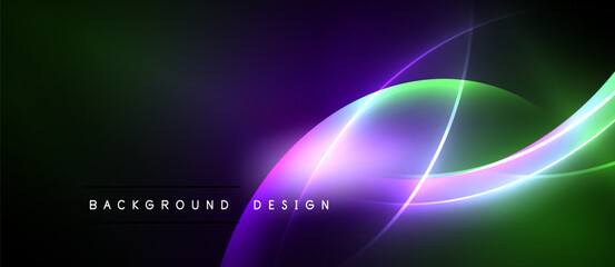 Abstract background features vibrant curves, gradients. Purple, green hues dominate dark space. Modern design element.