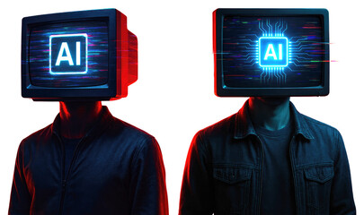 Two figures with retro TV screens displaying AI on their heads against red abstract shapes artificial intelligence isolated on a transparent background