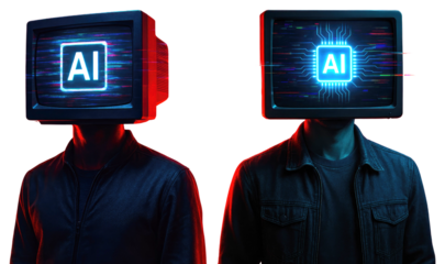 Two figures with retro TV screens displaying AI on their heads against red abstract shapes artificial intelligence isolated on a transparent background
