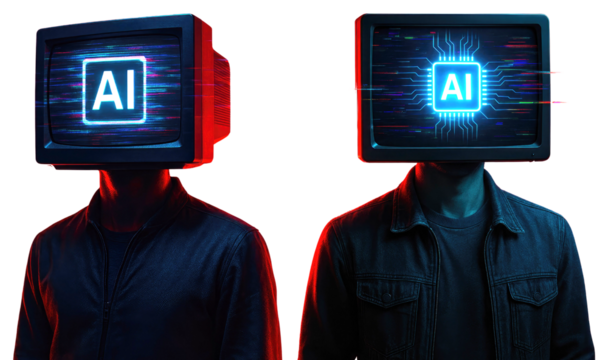 Two figures with retro TV screens displaying AI on their heads against red abstract shapes artificial intelligence isolated on a transparent background