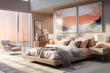 A modern bedroom in peach tones with large windows, soft bedding, wooden furniture, and warm sunlight creating a calm and elegant atmosphere