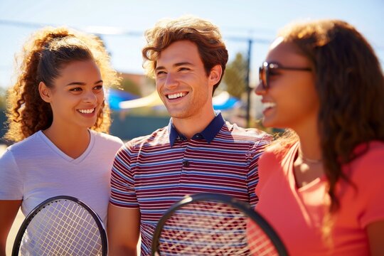 Three friends are smiling and laughing together after a friendly tennis match. They hold their rackets while enjoying the sunny weather and the pleasure of each other's company