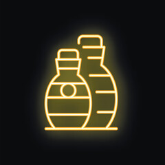Yellow neon sign illustrating two amphora vases glowing on black background
