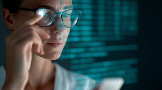 Close-up of woman wearing glasses interacting with smartphone with digital code reflection on lenses in dark environment