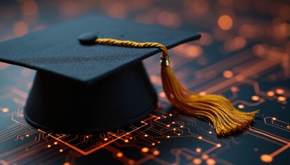 Black graduation cap with gold tassel stands on circuit board. The photo symbolizes fusion of education and tech. Digital learning concept is at the forefront of the image.