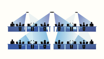 Modern office scene with employees working at desks arranged in a diagonal layout symbolizing teamwork productivity and corporate environment suitable for business presentations and web graphics