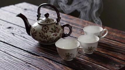 Vintage floral teapot with three steaming tea cups and one empty cup rustic wooden table, cozy warm atmosphere, inviting tea time scene with steam - Powered by Adobe