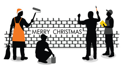 Diverse group of artists collaborating to paint a vibrant mural with the word merry in colorful letters celebrating community and holiday spirit