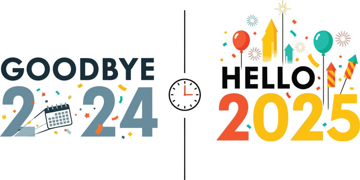 Goodbye 2024 and hello 2025 new year celebration with clock and party elements