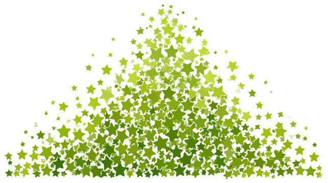 Abstract green star confetti background, varying shades of stars forming a decorative triangular shape, vibrant graphic element