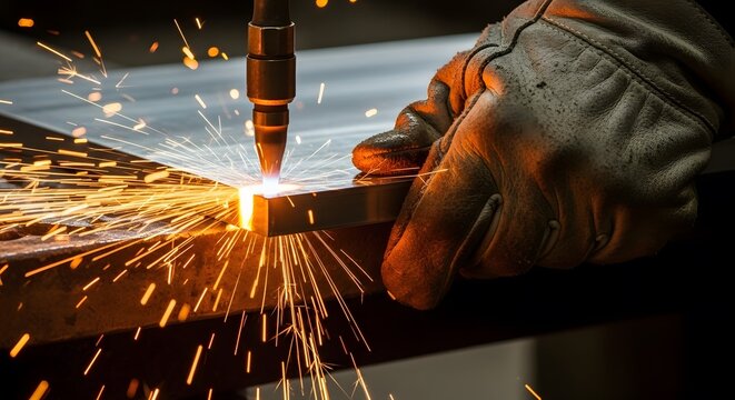 A close-up of a worker’s gloved hand holding a metal sheet as sparks fly from a cutting torch.
- Powered by Adobe