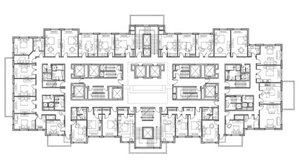 Black line art hotel floor plan showing rooms, hallways, elevators, staircases, and emergency exit routes