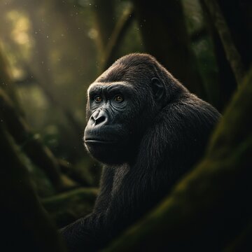 Elusive ape-like creature hidden deep within ancient forests, a legendary mystery of the wild wilderness ,legend ,dense ,elusive