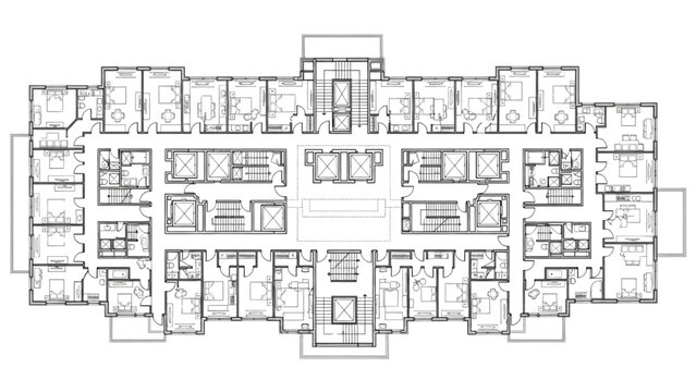Black line art hotel floor plan showing rooms, hallways, elevators, staircases, and emergency exit routes