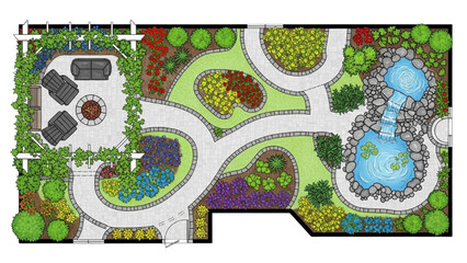 High-quality black line art landscape floor plan of backyard with walkways, pergola, seating, plant beds, and water features