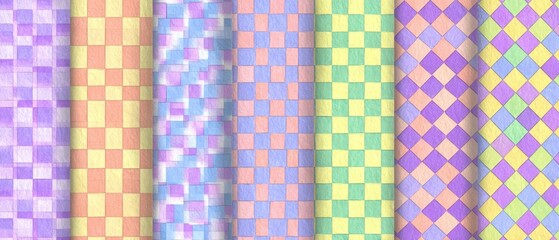 Pastel-colored checkered and diamond patterns.
