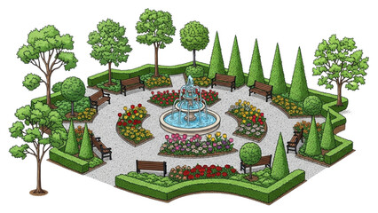 High-quality black outline colorful art of backyard and public garden layout with paths, trees, benches, fountains, and plants, landscape illustration