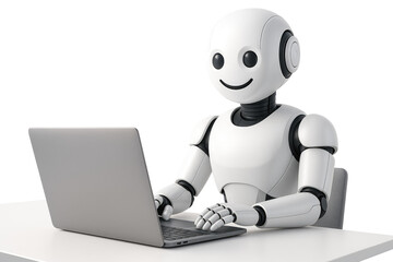 Fototapeta premium White robot sitting at a desk typing on a silver laptop computer on white background artificial intelligence isolated on a transparent background