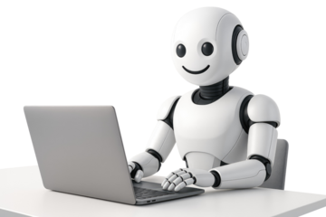White robot sitting at a desk typing on a silver laptop computer on white background artificial intelligence isolated on a transparent background