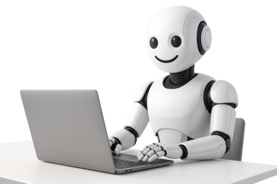 White robot sitting at a desk typing on a silver laptop computer on white background artificial intelligence isolated on a transparent background