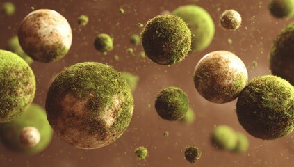 Moss-covered spheres in a brown background.