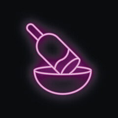 Bright purple neon sign of a wine bottle pouring into a bowl, perfect for themes of nightlife, bars, and restaurants