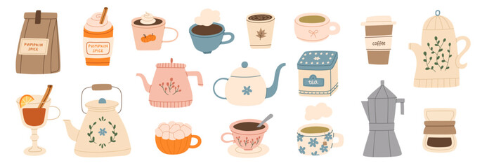 Set of autumn and winter hot drinks. Pumpkin latte, hot chocolate, coffee with cream, tea , cocoa with marshmallow, teapot, coffee maker. Vector flat illustration.