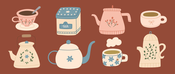 Cozy autumn hand drawn tea set with cute cups and teapots. Fall and winter hot drinks. Seasonal warm beverages. Vector flat illustration.