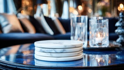 Stack of white marble coasters on a dark blue table.