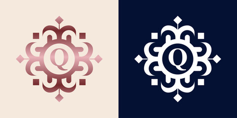 Letter Q logo with luxury ornament logo in pink gradient color, for boutique, beauty, shop, jewelry industry, and beauty