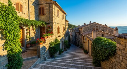 Stone staircase leading up through a narrow alley in a historic italian village, flanked by ancient stone buildings covered in green ivy and flowers