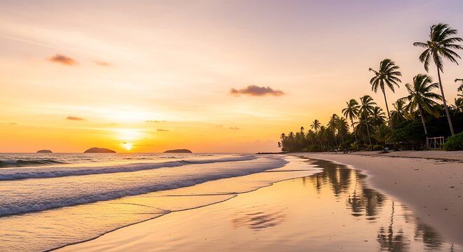 Beautiful tropical island beach with palm trees during sunset.