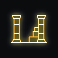 Neon sign of a staircase leading up between two pillars, glowing yellow against a black background