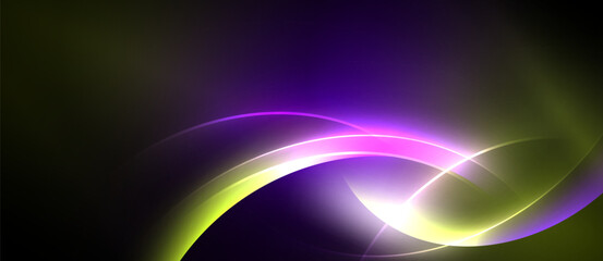 Abstract luminous curves, vibrant purple, yellow hues. Dark background creates dramatic visual effect. Smooth gradients, flowing lines.