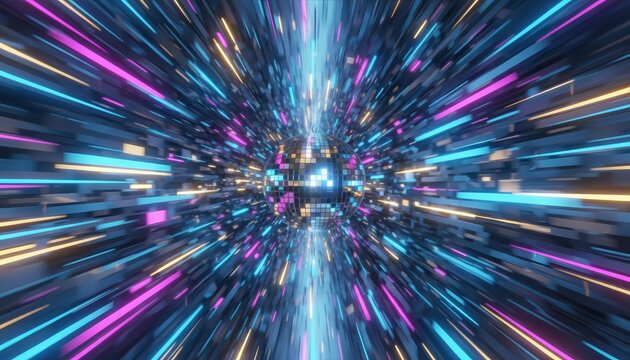 Disco ball reflecting neon pink, blue and yellow streaks through a futuristic tunnel, creating vibrant motion blur that evokes retro futuristic speed, data travel and nightlife energy