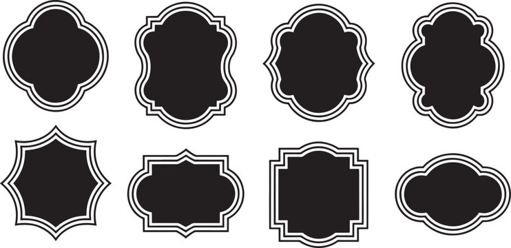 Black decorative label silhouettes, vintage frame shapes, retro outline badge, ornate geometric borders, empty tag design graphics, shield elegant royal crest emblem, retro sticker. Vector set