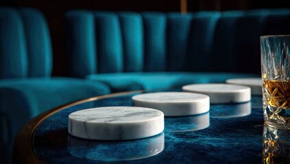 Marble coasters on a dark blue table in a luxurious interior.